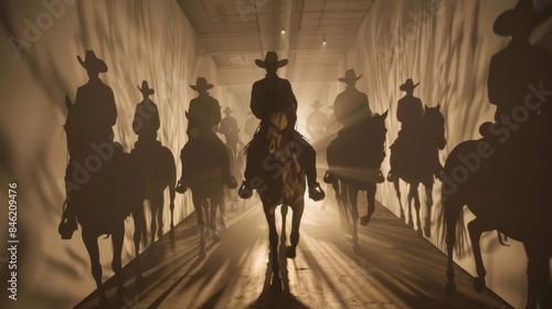Through the clever use of lighting and shadows this art installation immerses viewers in a dreamlike world of cowboys and their horses evoking feelings of nostalgia and wonder. #846209476