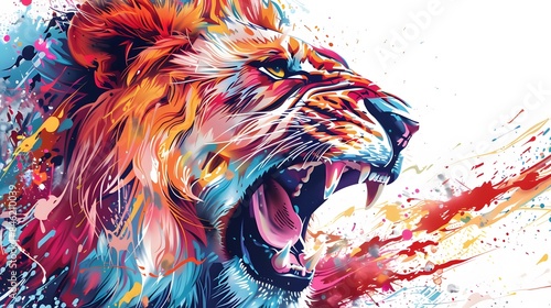 creative colorful lion king head on pop art style with soft mane and color background photo