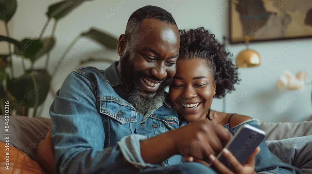 Smiling couple cuddling on a couch and looking at a smartphone, cozy and intimate moment in a modern living room with artwork and plants in the background Smiling couple cuddling on a couch and looking at a smartphone, cozy and intimate moment in a modern living room with artwork and plants in the background
