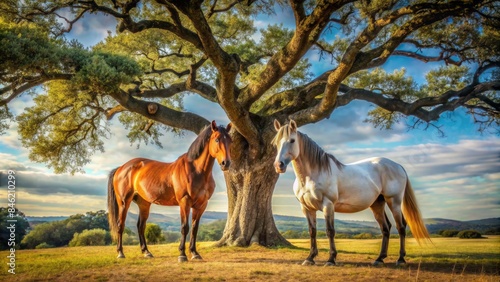Two Majestic Horses Stand Gracefully In Front Of A Picturesque Cork Oak Tree.