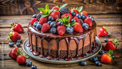 A Decadent Chocolate Cake Adorned With Vibrant Berries And A Luscious Ganache Drizzle Rests On A Rustic Wooden Table, Inviting A Taste Of Pure Indulgence.