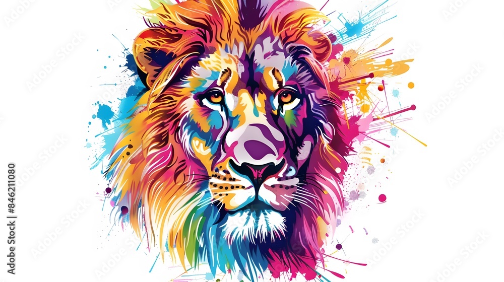 creative colorful lion king head on pop art style with soft mane and color background creative colorful lion king head on pop art style with soft mane and color background