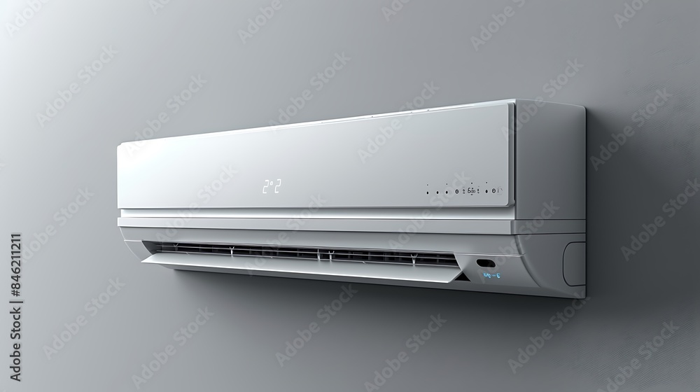 A white air conditioner mounted on a gray wall. The brand of the air conditioner is not visible. A white air conditioner mounted on a gray wall. The brand of the air conditioner is not visible.