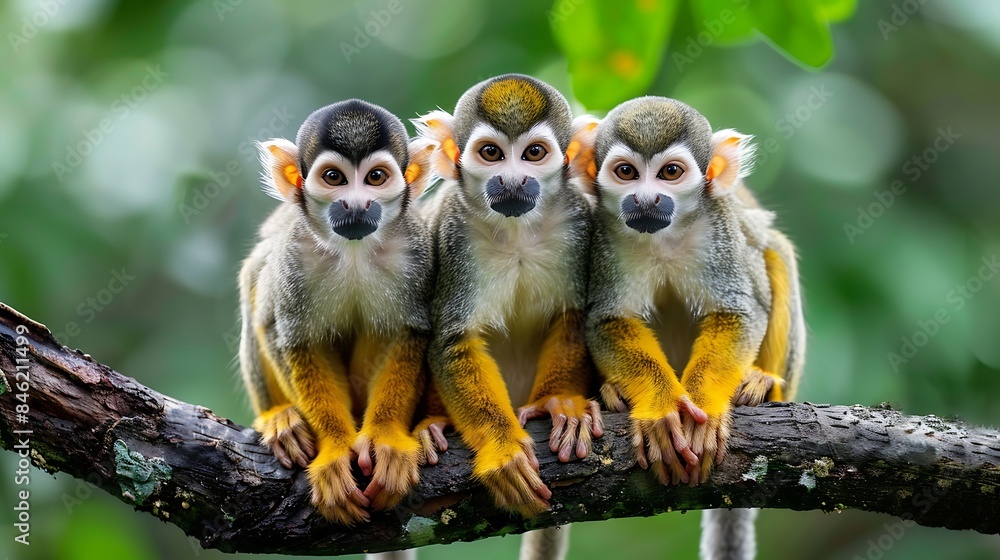 Fototapeta premium Three common squirrel monkeys sitting on a tree branch very close to each other