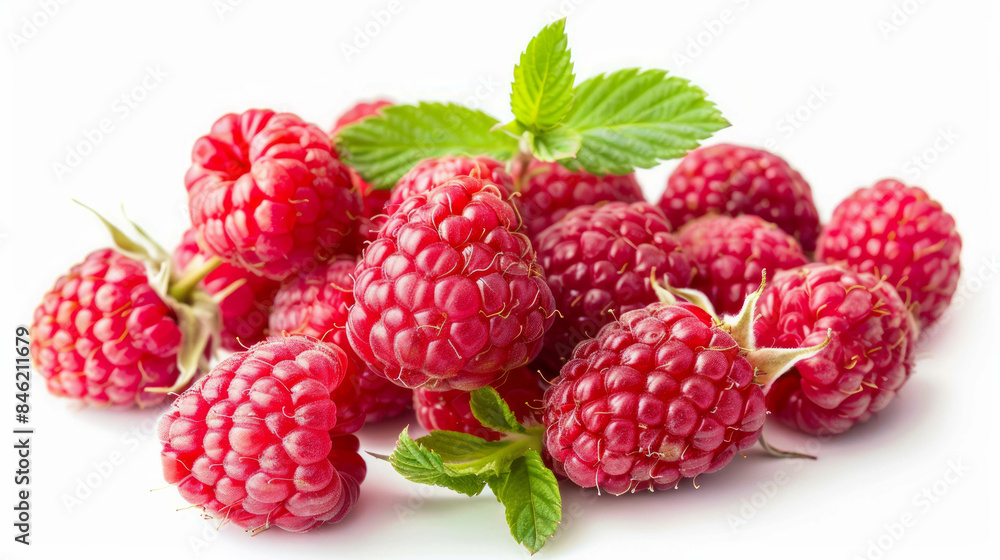 Close-up of a ripe raspberry, its vivid colors popping against the white backdrop. AI generative. Close-up of a ripe raspberry, its vivid colors popping against the white backdrop. AI generative.