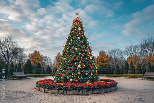 Grand Outdoor Christmas Tree in Snow-Covered Park - Festive Winter Scene with Holiday Decorations and Lights