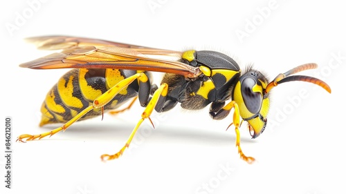 Up-Close Detailed Photograph of a Yellow Wasp with Distinctive Black Markings