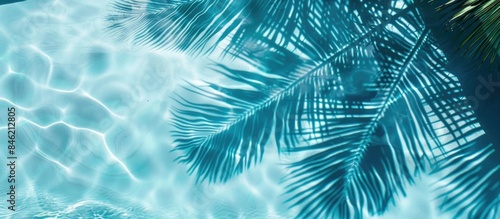 Top view of a palm leaf shadow cast on a serene blue water background in a flat lay perspective.