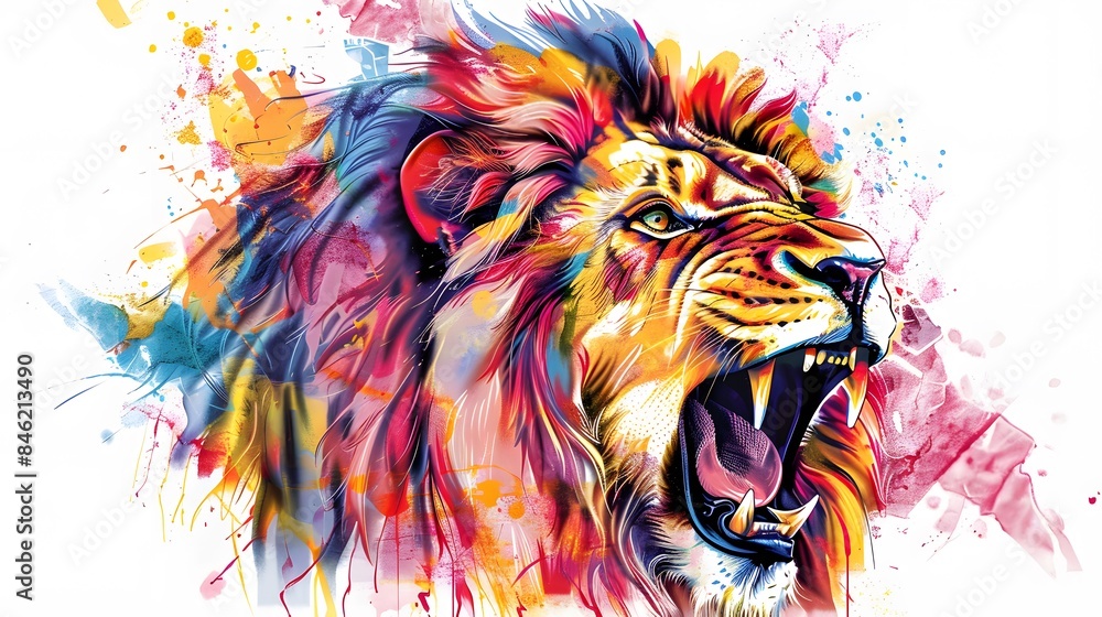 creative colorful lion king head on pop art style with soft mane and color background creative colorful lion king head on pop art style with soft mane and color background
