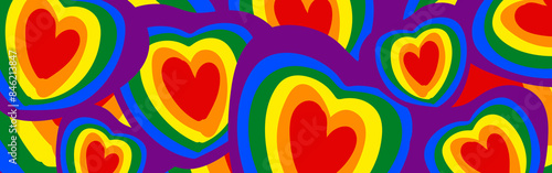 Hearts rainbow color background in groovy cartoon style. Horizontal design. Happy Pride Month Banner.