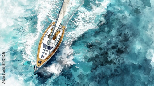 A summer vacation landscape with a sailing boat in watercolor style.