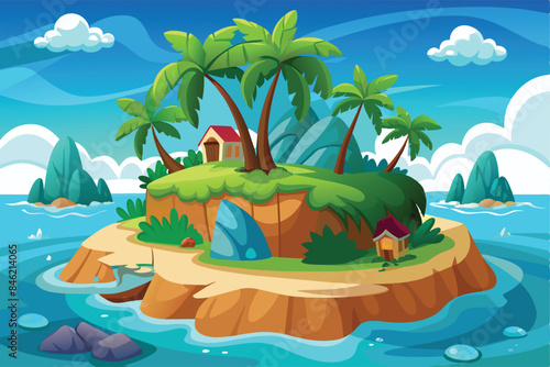 Tropical Island Vector Illustration with Palm Trees and Huts