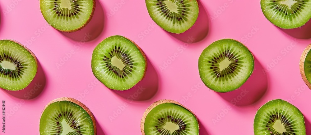 Fototapeta premium Fresh kiwi slices arranged in a vibrant fruit pattern against a pink backdrop, viewed from above.