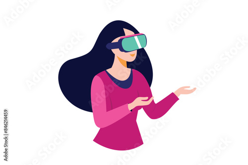 Woman plays VR games using glasses to immerse herself in virtual reality and metaverse, Flat vector illustration with woman wearing virtual reality glasses. vector illustration