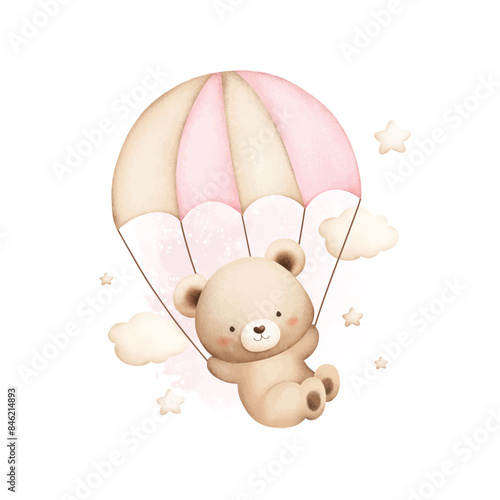 Watercolor Illustration Cute Baby Teddy Bear Fllies with Parachute