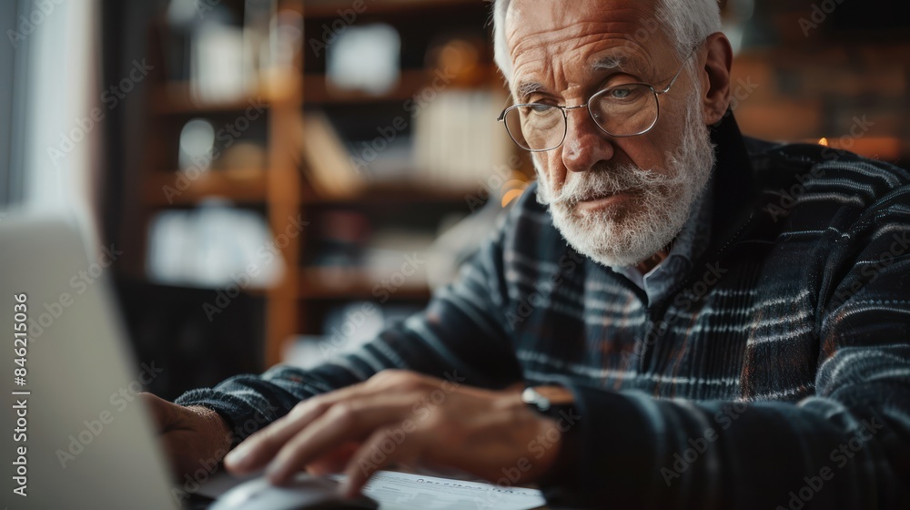 Senior Man Adjusting Pension Contributions Online with Active Management Reflected on Screen