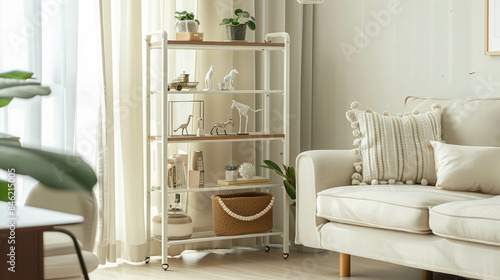 Minimalistic interior design featuring a white frame metal rack for hobby storage. AI generative. photo