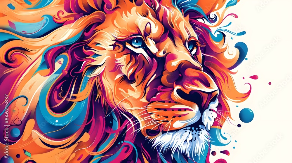 creative colorful lion king head on pop art style with soft mane and color background creative colorful lion king head on pop art style with soft mane and color background