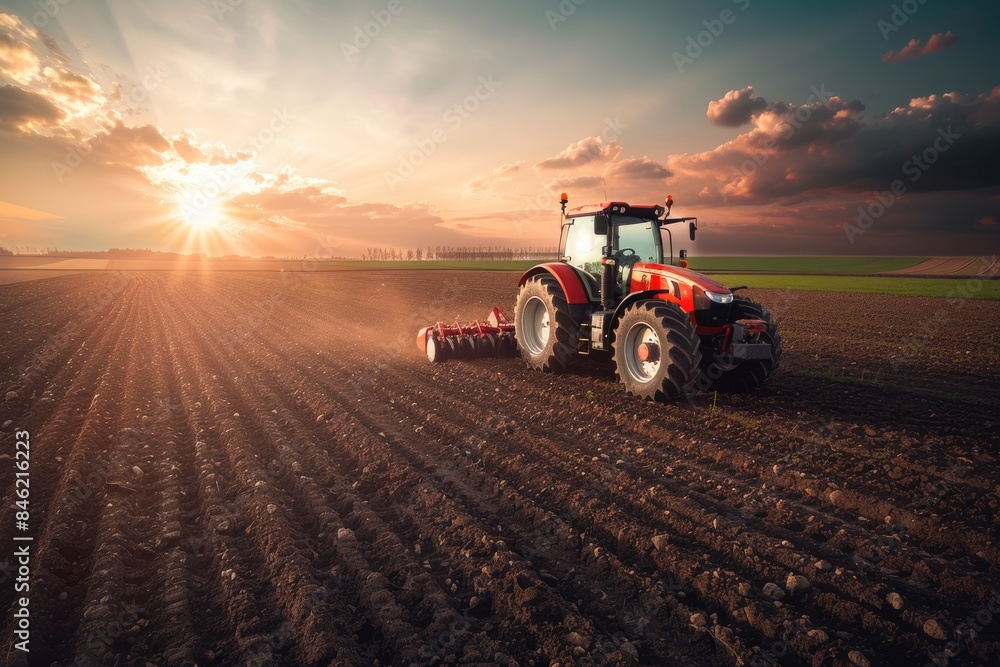 Obraz premium Agricultural scene - a tractor plowing the field, turning the soil for the new planting season, enhancing crop growth, and contributing to sustainable farming practices.