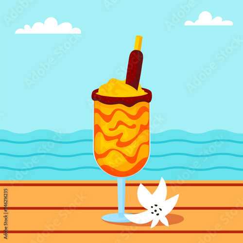 Mexican mango drink with tropical white flower. Mangonada blended drink with sea landscape. Chamoyada drink