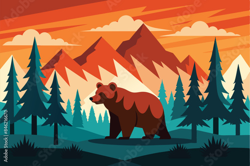 Grizzly bear in a beautiful forest against the backdrop of high mountains. Stunning wildlife landscape with a bear. Vector illustration for design