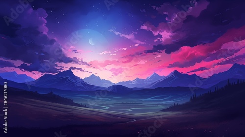 Majestic Twilight Landscape with Mountains, Valley, and Vibrant Colors © Miva