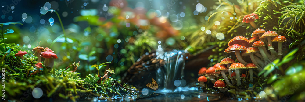 Enchanted Miniature World in Fantasy Forest with Tiny Creatures and Fairies amidst Vibrant Mushrooms, Plants, and Waterfall - Intricate Macro Diorama Scene with Ethereal Lighting and Luminous Effects Enchanted Miniature World in Fantasy Forest with Tiny Creatures and Fairies amidst Vibrant Mushrooms, Plants, and Waterfall - Intricate Macro Diorama Scene with Ethereal Lighting and Luminous Effects
