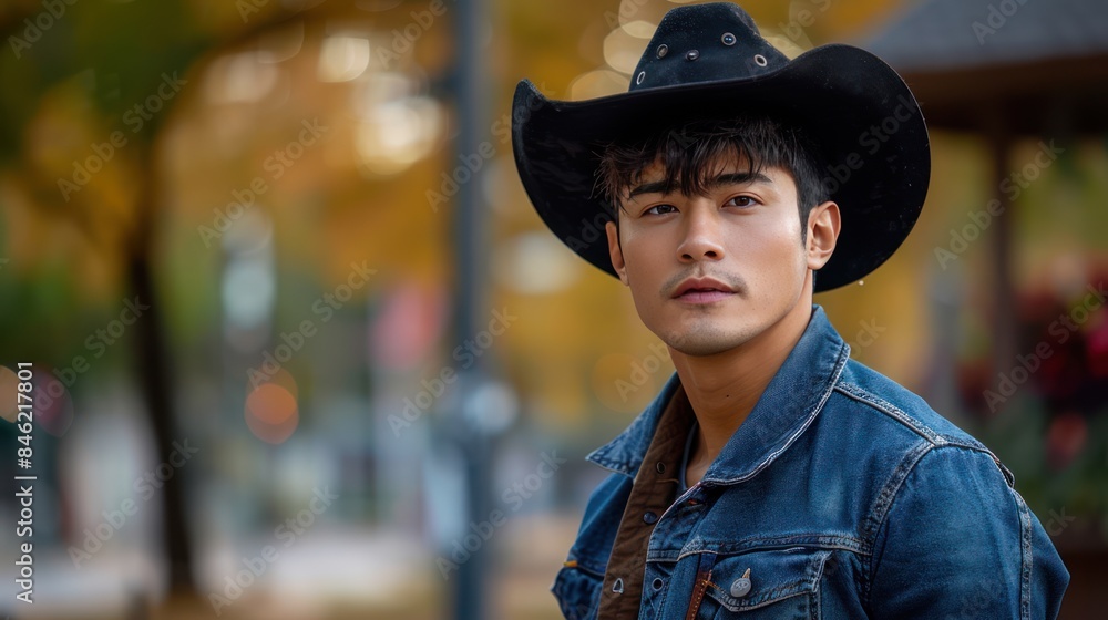 Asian Male Model in Texan Outfit with Black Jacket, Inspired by Southern US Cowboy Fashion