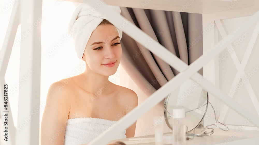 © golubovy - Morning spa. Sensual woman. Female hygiene. Confident lady smile wrapped in towel looking at mirror reflection feeling fresh after shower.