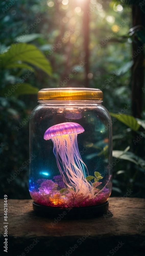Neon glowing jellyfish underwater Neon glowing jellyfish underwater