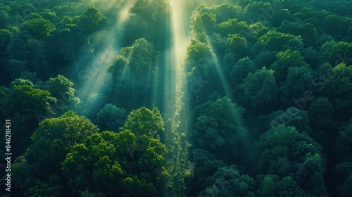Sunrise Splendor: Aerial View of Majestic Woodland with Sunbeams Peeking Through Trees - Nature Background © hisilly