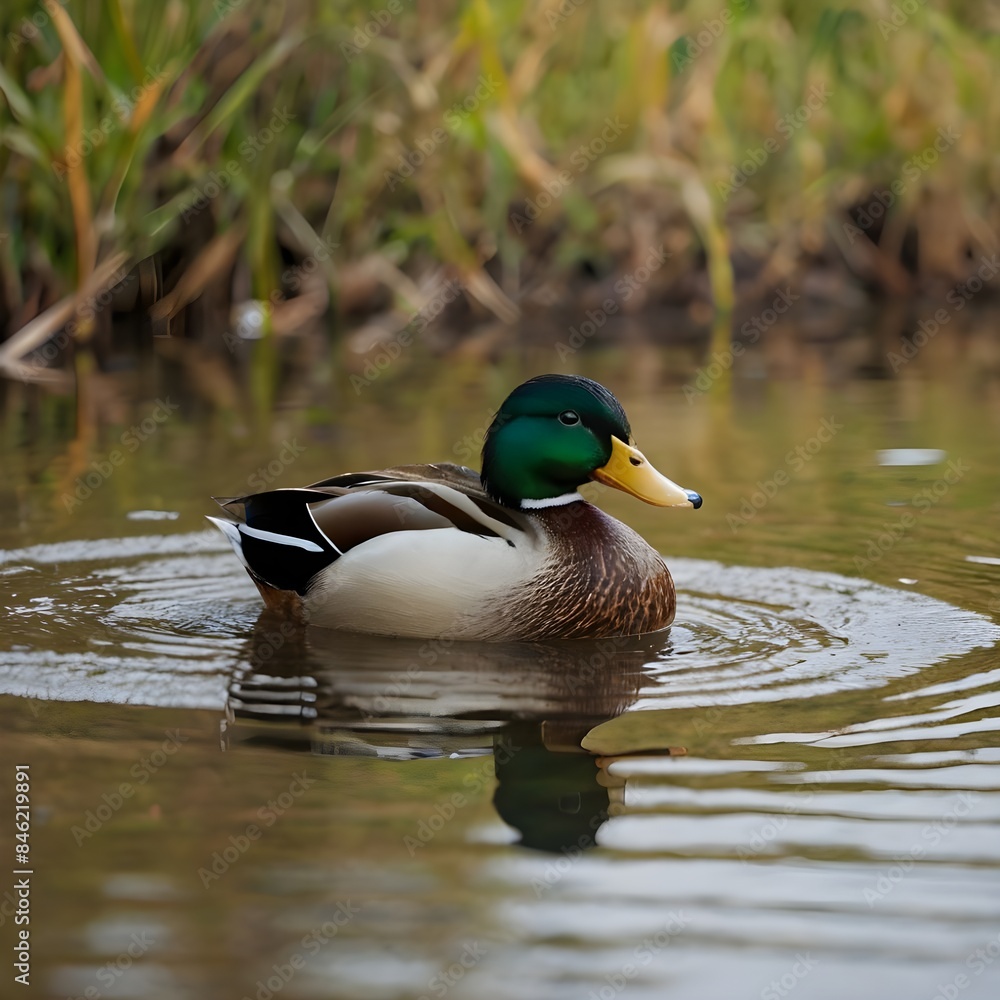 Obraz premium A male mallard duck with iridescent green head feathers and orange webbed feet stands on a rocky edge by the water, with a soft bokeh of foliage in the background