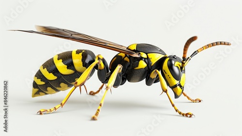 Detailed Macro Image of a Yellow and Black Wasp in Perfect Clarity on a Plain White Surface © Mark