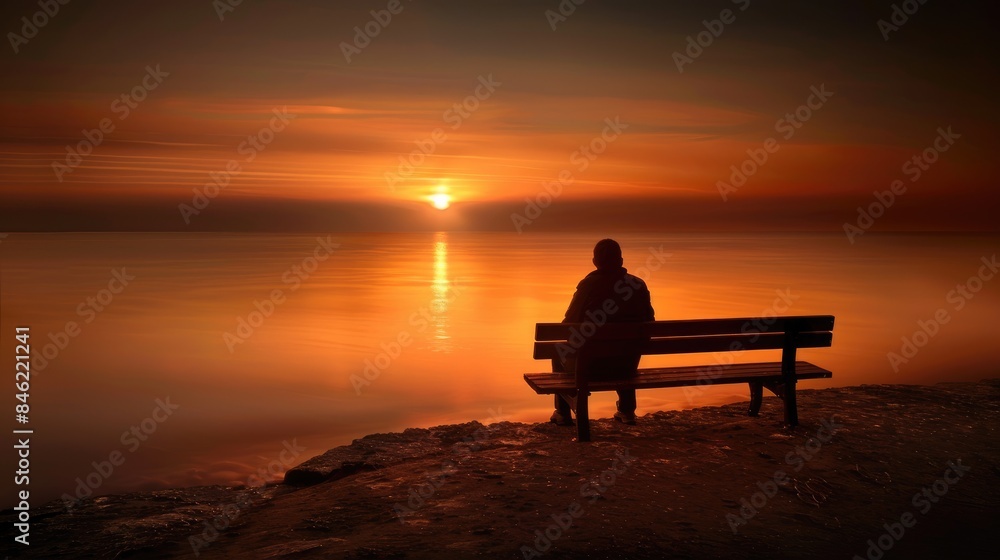 Solitary Moment Contemplative Figure on Oceanfront Bench Lost in Dawn's Reflections Solitary Moment Contemplative Figure on Oceanfront Bench Lost in Dawn's Reflections