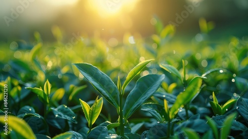 Fresh Green Tea Buds and Leaves on Plantation at Sunrise