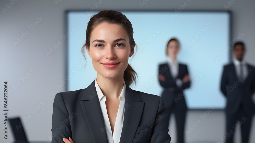 A relaxed career woman with smooth skin, good eyes, and gentle smiling lips is giving a presentation.