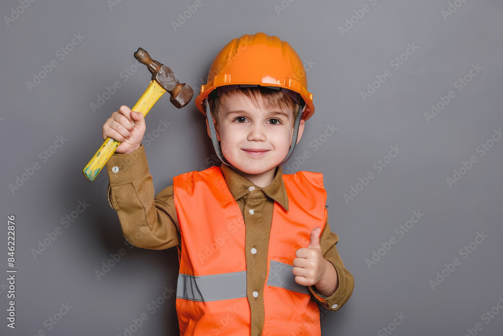 happy little boy builder in orange helmet and vest holding hammer and giving thumbs up happy little boy builder in orange helmet and vest holding hammer and giving thumbs up
