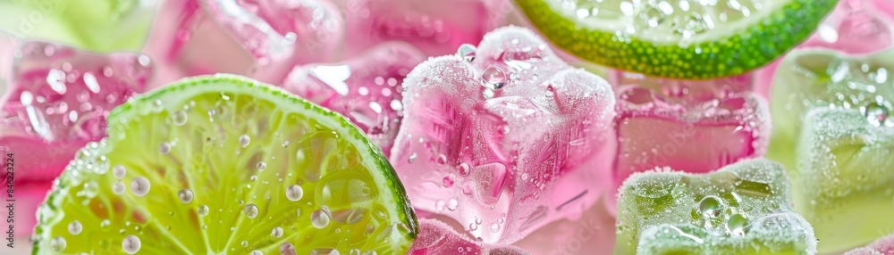 closeup of gummy bear ice cubes in pink and green colors with lime slice and water droplets on pastel background closeup of gummy bear ice cubes in pink and green colors with lime slice and water droplets on pastel background