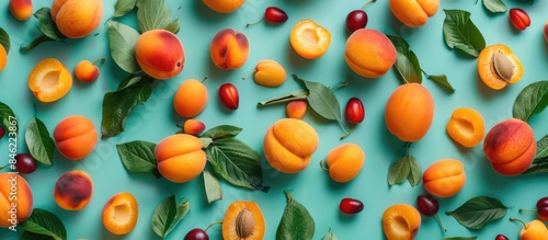 Vibrant apricots creating a colorful fruit arrangement against a soft green backdrop from above