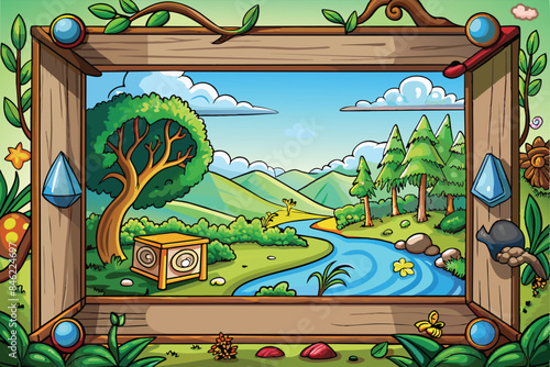 Whimsical Framed Nature Scene with River and Trees Vector Illustration