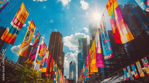 Colorful Chicago Open Air Festival   and flags against a bright sky
