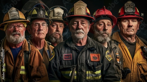 powerful portrait of firefighters, their faces etched with the experience of years of service. Each man stands in their fire-resistant gear, their helmets and badges Generative ai