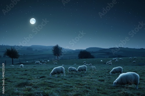 A serene night scene of grazing sheep in a countryside pasture, bathed in moonlight