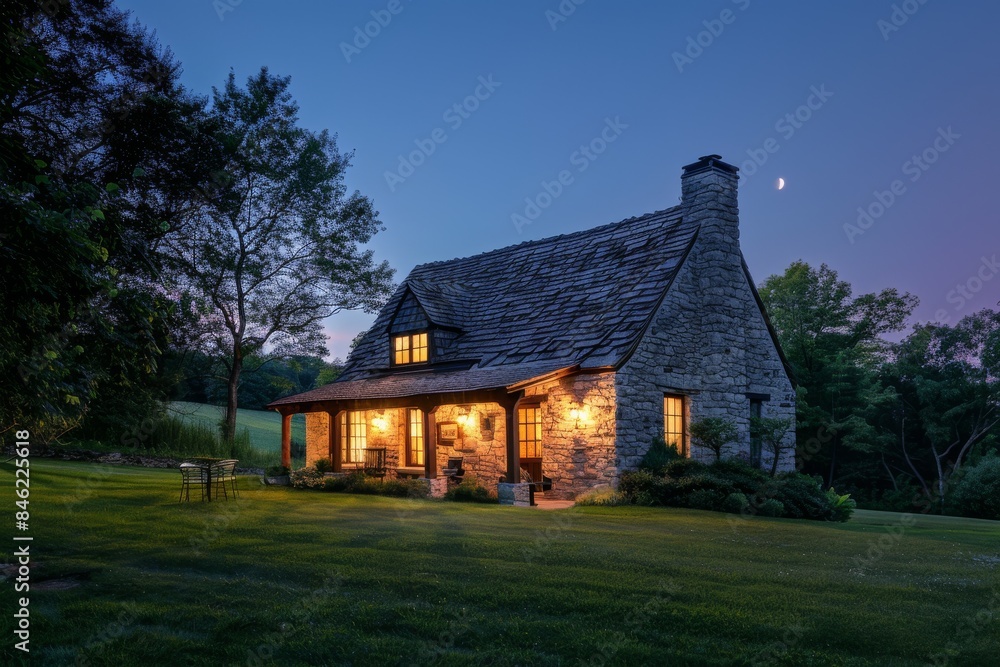 Obraz premium A rustic stone cottage in the countryside, warmly lit from within on a clear night