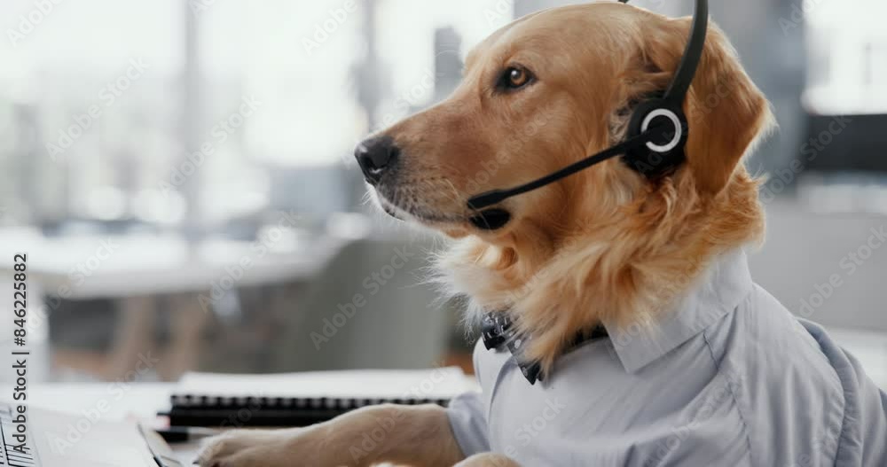 Call center, microphone or dog in office on laptop for consulting, comic or animal insurance or cover. Telecom, agent or Labrador puppy online with pc for customer support, help desk or pet care