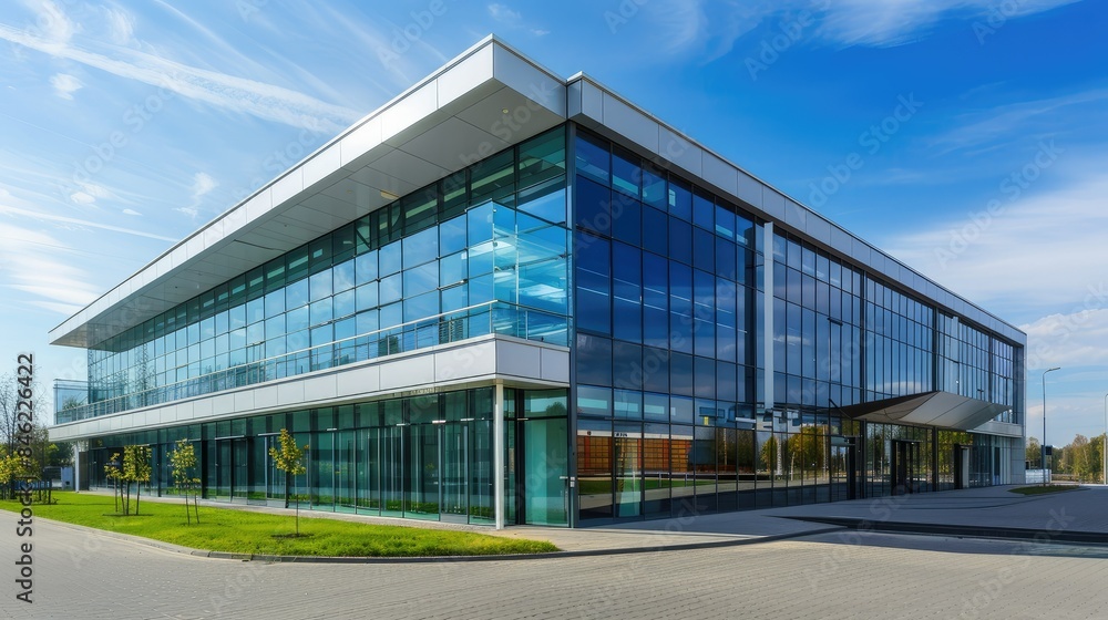 Modern business office building with wide glass curtain wall Modern business office building with wide glass curtain wall