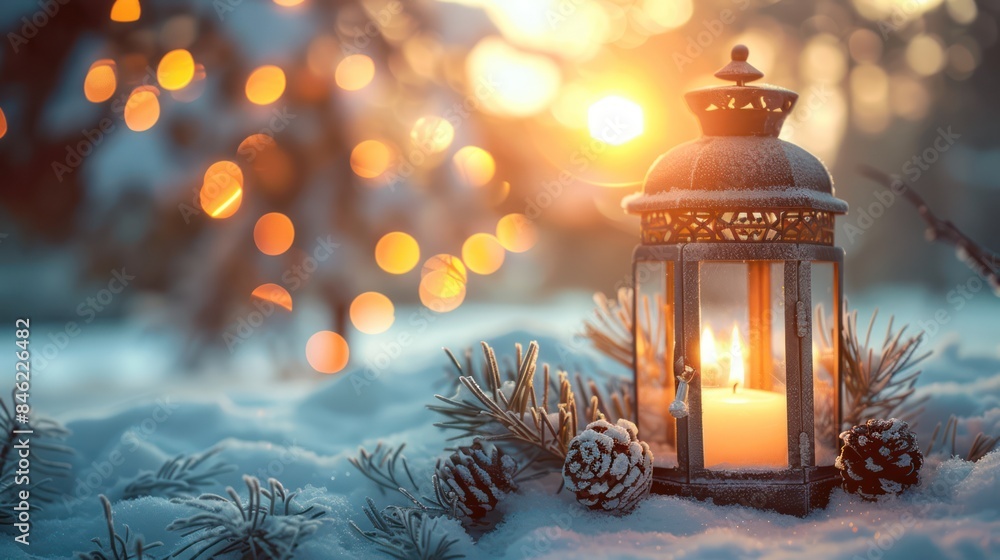 Festive Christmas Lantern with Snowy Decorations and Defocused Landscape Festive Christmas Lantern with Snowy Decorations and Defocused Landscape