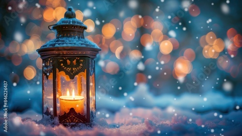 Festive Christmas Lantern with Snowy Decorations and Defocused Landscape