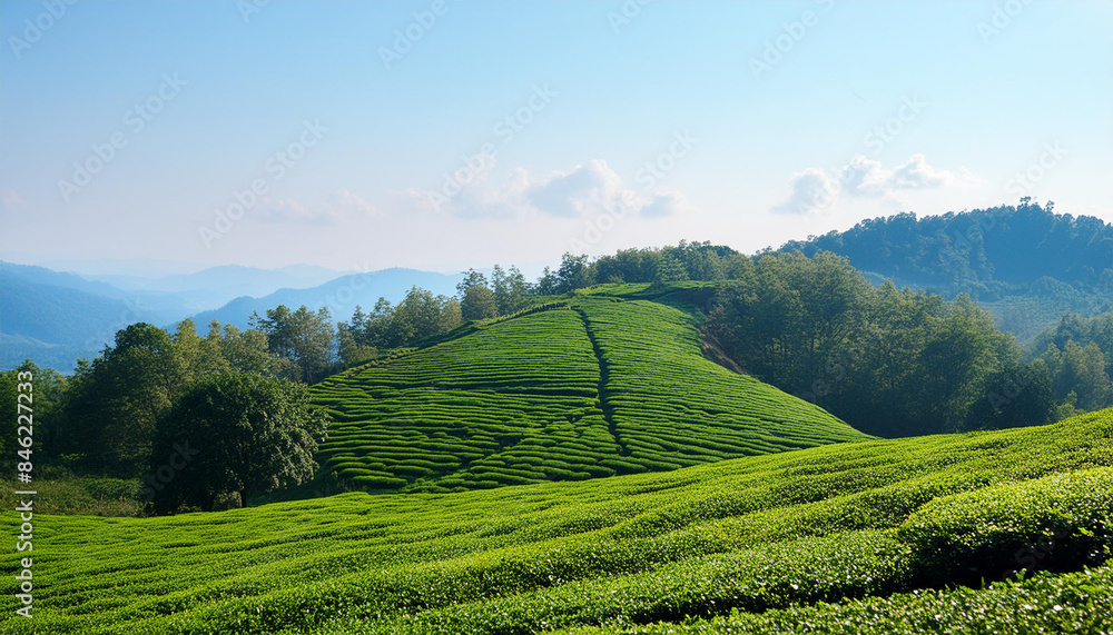 Fototapeta premium Green tea plantation at sunrise time, nature background. tea plantations landscape in Rize province. tea plantation in early morning, green lines of the tea farm in the morning. Generative Ai
