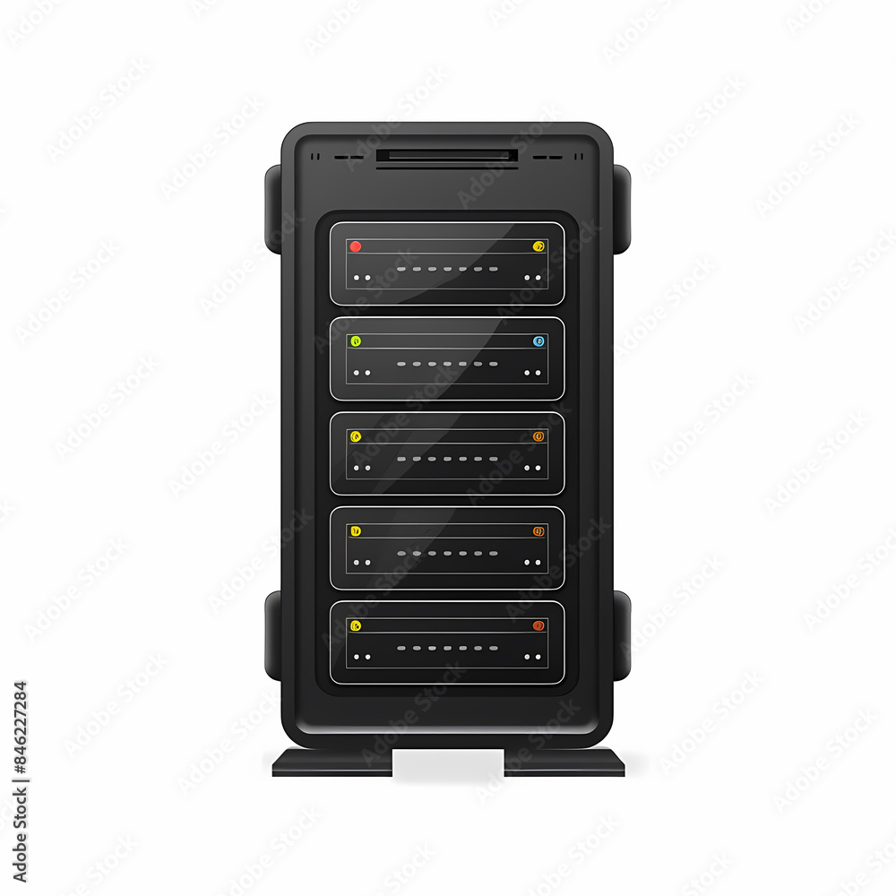 Obraz premium Modern black data server rack isolated on white background, showcasing advanced storage and computing capabilities.